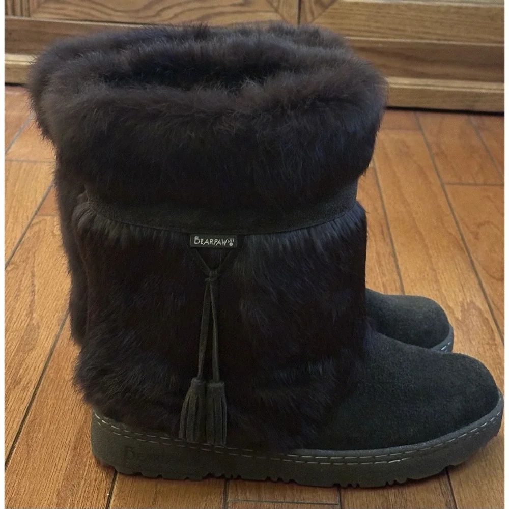 Bearpaw Rabbit Fur Boots, Dark Brown, Size 12